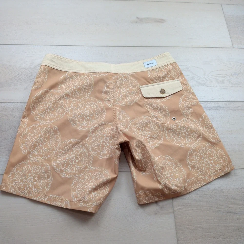 NEW Rhythm Shippo Trunk Mens 34 Board Shorts Peach Medallion Print Swim Trunks